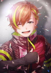 Rule 34 | 1boy, earrings, closed eyes, hood, hooded jacket, jacket, jewelry, looking at viewer, multicolored hair, multiple boys, offtoon12, open mouth, orange hair, project sekai, red jacket, shinonome akito, short hair, simple background, smile, two-tone hair, yellow eyes