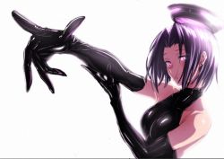 Rule 34 | 10s, 1girl, alternate costume, bad id, bad perspective, bad twitter id, black dress, black gloves, blush, breasts, dress, elbow gloves, foreshortening, gloves, hair intakes, halo, halter dress, halterneck, kantai collection, latex, latex dress, latex gloves, mechanical halo, medium breasts, pointing, pointing at viewer, purple eyes, purple hair, short hair, simple background, solo, tatsuta (kancolle), ulrich (tagaragakuin), white background