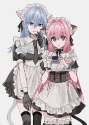 Rule 34 | 2girls, :o, alternate costume, animal ear fluff, animal ears, apron, black dress, black gloves, black necktie, black thighhighs, blue eyes, blue hair, cat ears, cat girl, cat tail, character name, chihuri, collarbone, collared shirt, commentary request, dress, enmaided, frilled apron, frilled thighhighs, frills, gloves, grey background, hair between eyes, highres, holding, kemonomimi mode, maid, maid apron, maid headdress, multiple girls, necktie, original, parted lips, pink hair, puffy short sleeves, puffy sleeves, purple eyes, shirt, short sleeves, simple background, smile, tail, thighhighs, white apron, white shirt, wrist cuffs