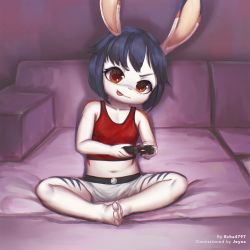 Rule 34 | 1girl, :p, animal ears, artist name, child, commission, echa4797, female focus, furry, furry female, highres, indoors, midriff, navel, original, playing games, playstation controller, rabbit ears, red eyes, sitting, solo, tongue, tongue out