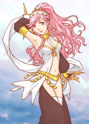 Rule 34 | 1girl, arm up, armpits, bare shoulders, braid, breasts, bridal gauntlets, cleavage, detached sleeves, eyebrows, closed eyes, fire emblem, fire emblem awakening, hairband, long hair, looking at viewer, midriff, navel, nintendo, olivia (fire emblem), pink hair, ponytail, purple eyes, see-through, seijou (ea masaki), side braid, smile, solo, thighhighs, twin braids, white thighhighs