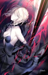 Rule 34 | 1girl, ahoge, artoria pendragon (all), artoria pendragon (fate), bare shoulders, black dress, black gloves, black ribbon, blonde hair, braid, breasts, cleavage, closed mouth, dress, elbow gloves, excalibur morgan (fate), fate/stay night, fate (series), french braid, gloves, kousaki rui, long hair, looking at viewer, ribbon, saber alter, small breasts, solo, sword, weapon, yellow eyes