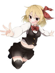 Rule 34 | &gt;:d, 1girl, :d, belly, black thighhighs, blonde hair, blush, breasts, collared shirt, fangs, hair ribbon, highres, hip focus, impossible clothes, looking at viewer, navel, open mouth, outstretched arms, pointy ears, red eyes, ribbon, rumia, shirt, short hair, skirt, smile, smug, solo, takimoto yukari, thighhighs, touhou, tsurime, undersized clothes, v-shaped eyebrows, vest