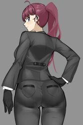 Rule 34 | 1girl, absurdres, ahoge, ass, black gloves, black jacket, black pants, dolla (nikke), earpiece, earrings, from behind, gloves, goddess of victory: nikke, goma., grey background, hand on own hip, highres, jacket, jewelry, light blush, long hair, looking at viewer, looking back, mole, mole under eye, pants, pantylines, ponytail, purple eyes, purple hair, shirt, simple background, solo, white shirt