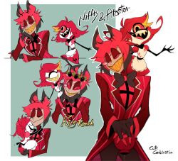 Rule 34 | 1boy, 1girl, alastor (hazbin hotel), animal ears, apron, black bow, black bowtie, bow, bowtie, cane, character name, coat, colored sclera, colored skin, cyclops, deer ears, dress, english text, evil grin, evil smile, grey skin, grin, hand on another&#039;s head, hazbin hotel, head wreath, hug, kotobuki toro, long sleeves, looking at another, multiple views, niffty (hazbin hotel), one-eyed, red dress, red eyes, red hair, red sclera, size difference, smile, striped coat, white apron, white skin, yellow teeth