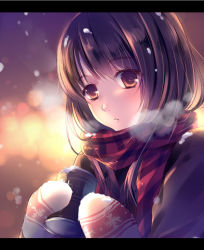 Rule 34 | 1girl, bad id, bad nicoseiga id, blush, brown eyes, brown hair, can, cold, highres, holding, letterboxed, long hair, mittens, original, ringonotane, scarf, snowing, solo, striped clothes, striped scarf