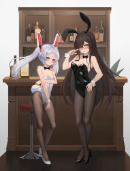 Rule 34 | 2girls, a san san, absurdres, aether gazer, alcohol, animal ears, bar (place), black bow, black bowtie, black footwear, black hair, black leotard, black pantyhose, bottle, bow, bowtie, breasts, brown eyes, chinese commentary, cleavage, commentary request, counter, detached collar, full body, glasses, grey hair, heimdall (aether gazer), high heels, highres, legs, leotard, long hair, looking at viewer, medium breasts, multiple girls, ookuninushi (aether gazer), pantyhose, playboy bunny, rabbit ears, rabbit tail, red eyes, shiny clothes, small breasts, standing, strapless, strapless leotard, tail, twintails, white footwear, white leotard, wrist cuffs