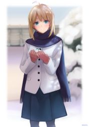 Rule 34 | 1girl, :d, ahoge, akame (akamiru), artoria pendragon (all), artoria pendragon (fate), black pantyhose, blonde hair, blue eyes, blue scarf, blue skirt, blurry, blush, buttons, coat, cowboy shot, day, depth of field, fate/stay night, fate (series), gloves, highres, holding, open mouth, outdoors, pantyhose, pleated skirt, pocket, red gloves, saber (fate), scarf, short hair, skirt, smile, snow, snow rabbit, solo, standing, teeth, white coat, winter, winter clothes, winter coat