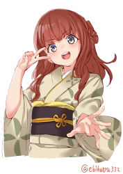 Rule 34 | 1girl, :d, alternate costume, blush, de ruyter (kancolle), ebifurya, highres, japanese clothes, kantai collection, kimono, long hair, obi, open mouth, red hair, round teeth, sash, simple background, smile, solo, teeth, twitter username, upper body, v, white background, wide sleeves, yellow eyes