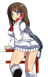 Rule 34 | 1girl, ass, bag, blue eyes, brown hair, cellphone, comord, fang, from behind, looking back, loose socks, no pants, original, phone, school uniform, simple background, socks, solo, sweater, talking on phone, white background