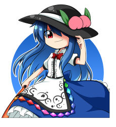 Rule 34 | 1girl, apron, bad id, bad pixiv id, black hat, blouse, blue dress, blue hair, bow, dress, food, frills, fruit, hat, highres, hinanawi tenshi, holding, holding weapon, leaf, long hair, looking at viewer, one eye covered, peach, puffy short sleeves, puffy sleeves, rainbow gradient, red bow, red eyes, shirt, short sleeves, simple background, solo, sumiya nadateru, sword of hisou, touhou, weapon, white shirt