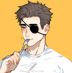 Rule 34 | 1boy, anderain, blush, brown hair, closed mouth, eyepatch, fork, hand up, holding, holding fork, male focus, ombra (anderain), one eye covered, original, shirt, short hair, simple background, solo, upper body, utensil in mouth, weibo watermark, white shirt