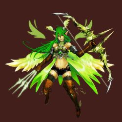 Rule 34 | 1girl, archer (fate), armor, armpits, arrow (projectile), bare shoulders, belt, boots, bow, bow (weapon), braid, breasts, elf, fate (series), female focus, full body, gloves, green hair, green theme, helm, helmet, itou youichi, legs, long hair, medium breasts, midriff, navel, original, panties, pointy ears, shorts, smile, solo, thighhighs, thong, underwear, weapon, white eyes, wings