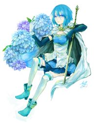 Rule 34 | 10s, 1girl, bad id, bad pixiv id, blue eyes, blue hair, blue theme, cape, floating hair, flower, full body, gloves, hair between eyes, highres, hydrangea, juexing (moemoe3345), magical girl, mahou shoujo madoka magica, mahou shoujo madoka magica (anime), matching hair/eyes, miki sayaka, short hair, simple background, sitting, solo, sword, thighhighs, weapon, white gloves, white thighhighs