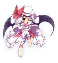 Rule 34 | 1girl, ascot, barefoot, bat wings, bow, bracelet, capelet, chibi, curiosities of lotus asia, dress, fang, feet, female focus, hat, highres, jewelry, looking at viewer, red eyes, remilia scarlet, ribbon, silver hair, solo, take tonbo, touhou, vampire, white dress, wings