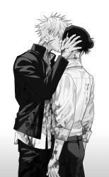 Rule 34 | 2boys, arms at sides, black hair, blood, blood on arm, blood on clothes, blood on face, blood on hands, blood on neck, closed eyes, couple, dress shirt, from behind, from side, getou suguru, ggss cc, gojou satoru, greyscale, hair bun, hand on another&#039;s face, hand on another&#039;s head, highres, jacket, jujutsu kaisen, kiss, medium hair, monochrome, multiple boys, open clothes, open jacket, shirt, shirt tucked in, short hair, simple background, sleeves past elbows, sleeves rolled up, spiked hair, white background, white hair, white shirt, yaoi