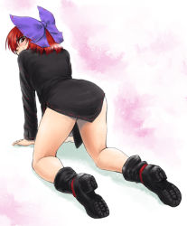 Rule 34 | 1girl, all fours, black shirt, boots, bottomless, bow, covered mouth, from behind, glaring, hair bow, highres, kihou kanshouzai, long sleeves, looking at viewer, looking back, no pants, red eyes, red hair, sekibanki, shadow, shirt, shoe soles, short hair, solo, touhou
