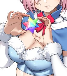 Rule 34 | 1girl, blue capelet, bow, bowtie, breasts, capelet, cleavage, detached sleeves, facing viewer, fate/grand order, fate (series), fur trim, hands up, highres, large breasts, long sleeves, mash kyrielight, official alternate costume, pink hair, red bow, red bowtie, saint quartz (fate), saruchitan, short hair, simple background, smile, solo, white background