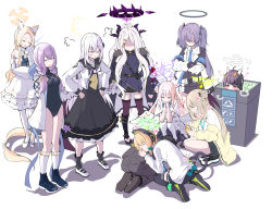Rule 34 | 1boy, 6+girls, :&lt;, :d, ^ ^, absurdly long hair, ahoge, angry, animal ears, arm support, armband, arrow (symbol), atsuko (blue archive), azusa (blue archive), belt, black coat, black footwear, black gloves, black hair, black leotard, black skirt, black socks, blonde hair, blue archive, blush, blush stickers, boots, bow, braid, brown hair, business suit, cat ears, cat girl, cat tail, closed eyes, coat, coat on shoulders, collared shirt, commentary request, crossed arms, demon girl, demon horns, demon wings, detached sleeves, dogeza, empty eyes, faceless, faceless female, fake animal ears, feathered wings, flower, forehead, formal, fox ears, fox girl, fox tail, frilled skirt, frills, full body, fur-trimmed coat, fur trim, gloves, grey eyes, hair bow, hair bun, hair flower, hair ornament, hair ribbon, hair scrunchie, hairband, hairclip, halo, hand on own hip, hands on own hips, headphones, heart, heart tail, high heels, highres, hina (blue archive), hood, hooded coat, horns, jacket, knee boots, kneehighs, leaf, leaf on head, leotard, light brown hair, long hair, long sleeves, low-tied long hair, low twintails, lying on person, mary janes, midori (blue archive), mika (blue archive), military, military uniform, miyu (blue archive), multiple girls, necktie, nonomi (blue archive), off shoulder, one side up, open mouth, pantyhose, parted bangs, parted lips, peeking out, pencil skirt, pink hair, plaid, plaid skirt, pleated skirt, ponytail, purple eyes, purple hair, purple legwear, rabbit ears, recycle bin, red eyes, ribbon, school uniform, scrunchie, seia (blue archive), seiza, sensei (blue archive), serafuku, shaded face, shadow, shirt, shoes, short hair, short sleeves, sidelocks, simple background, single hair bun, single side bun, sitting, skirt, sleeves past wrists, smile, sneakers, socks, squatting, standing, suit, tail, tail bow, tail ornament, tail ribbon, thighhighs, thighs, tonomiya68, tress ribbon, triangle mouth, twin braids, twintails, two side up, uniform, very long hair, white background, white coat, white footwear, white hair, white pantyhose, white wings, wide sleeves, wings, yuuka (blue archive), zettai ryouiki