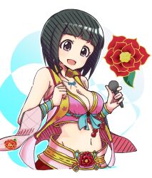 Rule 34 | 1girl, ask yourself, bare shoulders, black eyes, black hair, blue bow, blush, bow, breasts, cleavage, collarbone, crop top, cropped shirt, detached sleeves, dress bow, floral print sleeves, flower, furisode, gradient background, hands up, highres, holding, holding microphone, idolmaster, idolmaster cinderella girls, idolmaster cinderella girls starlight stage, jacket, japanese clothes, kimono, long sleeves, looking at viewer, medium breasts, microphone, midriff, navel, niwa hitomi, open clothes, open jacket, open mouth, peony (flower), pink shirt, pink sleeves, red flower, shirt, short hair, sleeveless, sleeveless jacket, smile, solo, yellow jacket