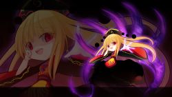 Rule 34 | 1girl, black dress, chibi, dress, empty eyes, energy, fox tail, glowing, glowing hand, hand on own face, hat, highres, junko (touhou), long hair, long sleeves, multiple tails, open mouth, shaded face, smile, solo, tabard, tail, teeth, touhou, very long hair, wide sleeves, z.o.b, zoom layer