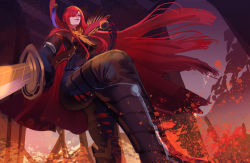 Rule 34 | 1girl, asymmetrical bangs, black gloves, breasts, cape, collared cape, elbow gloves, fate/grand order, fate (series), floating hair, gloves, hair over one eye, high collar, holding, holding sword, holding weapon, long hair, long sleeves, looking away, medium breasts, oda nobunaga (fate), oda nobunaga (maou avenger) (fate), outdoors, parted lips, red cape, red eyes, red hair, sidelocks, solo, straight hair, sword, user pdvv4282, walking, weapon