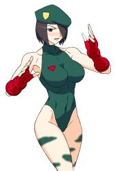 Rule 34 | 1girl, akatsuki blitzkampf, aoi ship, beret, blush, breasts, brown hair, cammy white, cammy white (cosplay), cosplay, female focus, hair over one eye, hat, highres, kanae, leotard, looking at viewer, solo, street fighter