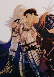 Rule 34 | 2boys, amuii, armor, berserk, black hair, closed eyes, greatsword, griffith (berserk), guts (berserk), hand on another&#039;s shoulder, holding, holding sword, holding weapon, laughing, long hair, male focus, multiple boys, parted lips, red scarf, saber (weapon), scarf, short hair, shoulder armor, signature, simple background, smile, spiked hair, sword, weapon, white background, white hair