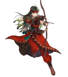 Rule 34 | 1girl, armor, arrow (projectile), belt, boots, bow (weapon), brown footwear, fingerless gloves, fire emblem, fire emblem: the binding blade, fire emblem heroes, full body, gloves, green eyes, green hair, headband, highres, holding, holding weapon, leg up, long hair, mayo (becky2006), nintendo, official art, open mouth, pants, quiver, short sleeves, shoulder armor, solo, sue (fire emblem), teeth, torn clothes, transparent background, weapon
