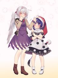 Rule 34 | 2girls, :t, puff of air, ^ ^, absurdres, black dress, blue hair, blush, boots, brown footwear, brown jacket, capelet, closed eyes, commentary, crossed arms, doremy sweet, dress, english text, feathered wings, full body, gradient background, grey hair, hand on another&#039;s head, hat, headpat, height difference, highres, jacket, kishin sagume, multicolored clothes, multicolored dress, multiple girls, nightcap, pom pom (clothes), pout, purple dress, purple eyes, red headwear, sakikagami, single wing, smile, standing, tail, tapir tail, touhou, white dress, white footwear, white wings, wings