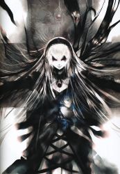 Rule 34 | 00s, 1girl, doll, doll joints, dress, fire, gothic lolita, hairband, highres, joints, kei (keigarou), lolita fashion, long hair, outstretched arms, pale skin, red eyes, rozen maiden, silver hair, solo, suigintou, torn clothes, wings
