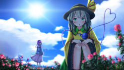 Rule 34 | 2girls, ai hajime, bad id, bad pixiv id, blouse, blue shirt, blue sky, blunt bangs, blurry, blush, cloud, day, depth of field, field, flower, flower field, frilled skirt, frilled sleeves, frills, from behind, green eyes, green skirt, hair between eyes, hairband, hands on own knees, hat, hat ribbon, heart, heart of string, komeiji koishi, komeiji satori, legs together, light purple hair, long sleeves, looking at another, looking back, multiple girls, outdoors, pink skirt, purple eyes, ribbon, shirt, short hair, silver hair, skirt, sky, squatting, standing, sun, third eye, touhou, triangle mouth, wind, wind lift, yellow shirt