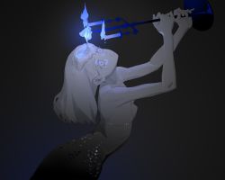 Rule 34 | 1girl, blue fire, blue theme, bra, breasts, candle, candlestand, commentary, cowboy shot, fire, hands up, highres, holding, hole in head, long hair, looking up, melting, mermaid, monochrome, monster girl, original, outstretched arms, self-harm, self harm, solo, symbol-only commentary, underwear, xs-dial