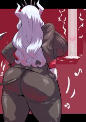 Rule 34 | 1girl, ass, breasts, business suit, demon girl, demon horns, demon tail, formal, from behind, hands on own hips, helltaker, horns, huge ass, huge breasts, kandata nijou, long hair, lucifer (helltaker), musical note, red background, simple background, suit, tail, thick thighs, thighs, white hair