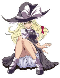 Rule 34 | 1girl, blonde hair, bloomers, braid, buttons, dress, female focus, full body, hair ribbon, hat, kirisame marisa, long hair, mary janes, ribbon, shoes, simple background, socks, solo, touhou, tqm, underwear, white background, witch, witch hat, yellow eyes