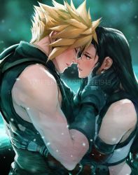 Rule 34 | 1boy, 1girl, bare shoulders, black gloves, blush, brown eyes, cloud strife, crop top, crying, crying with eyes open, elbow pads, final fantasy, final fantasy vii, fingerless gloves, from side, gloves, hetero, highres, imminent kiss, looking at another, parted lips, shirt, spykeee, suspenders, tank top, taut clothes, taut shirt, tears, tifa lockhart, white tank top