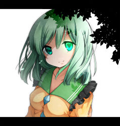 Rule 34 | 1girl, anzu ame, blush, breasts, buttons, collarbone, empty eyes, frilled shirt collar, frills, glowing, glowing eye, green eyes, green hair, heart, komeiji koishi, letterboxed, long hair, long sleeves, looking at viewer, matching hair/eyes, medium breasts, no headwear, no headwear, shirt, simple background, smile, solo, touhou, upper body, white background, yellow shirt