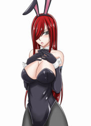 Rule 34 | animal ears, black legwear, blush, bow, bowtie, breasts, cleavage, detached collar, elbow gloves, erza scarlet, fairy tail, fake animal ears, gloves, hair over one eye, highres, large breasts, leotard, long hair, murabito sono2, open mouth, pantyhose, playboy bunny, rabbit ears, red hair, wrist cuffs