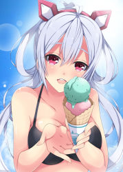 Rule 34 | 1girl, :d, ahoge, bare shoulders, bikini, black bikini, blush, breasts, cleavage, collarbone, eyebrows, food, hair between eyes, head tilt, holding, holding food, ice cream, ice cream cone, long hair, looking at viewer, matoi (pso2), milkpanda, open mouth, phantasy star, phantasy star online 2, red eyes, silver hair, smile, solo, swimsuit, twintails, upper body