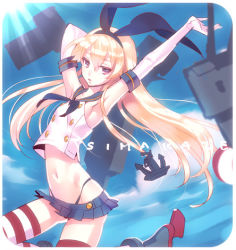 Rule 34 | 10s, 1girl, anchor, anchor hair ornament, armpits, black eyes, black panties, blonde hair, character name, crop top, crop top overhang, elbow gloves, gloves, hair ornament, hairband, kantai collection, kunreishiki, long hair, midriff, navel, nishimura eri, panties, personification, rensouhou-chan, romaji text, shimakaze (kancolle), skirt, solo, striped clothes, striped thighhighs, thighhighs, underwear, very long hair