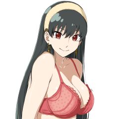 Rule 34 | 1girl, bare shoulders, black hair, bra, breasts, cleavage, closed mouth, commentary, earrings, gold earrings, hairband, highres, jewelry, large breasts, long hair, looking at viewer, mitsugu, red bra, red eyes, simple background, smile, solo, spy x family, underwear, upper body, white background, yellow hairband, yor briar