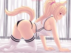Rule 34 | 1girl, all fours, animal ear fluff, animal ears, ass, blonde hair, blush, breasts, cat ears, cat tail, fang, fang out, fictional persona, highres, large breasts, long hair, looking at viewer, no pants, nottytiffy, original, panties, red eyes, see-through silhouette, self-portrait, skindentation, slit pupils, smile, solo, tail, thighhighs, tiffy (nottytiffy), underwear, watermark, web address