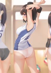 Rule 34 | 3girls, armpits, arms up, ass, ball, blue eyes, blurry, blurry background, breasts, brown hair, elbow pads, elbow sleeve, highres, indoors, knee pads, large breasts, minato ojitan, multiple girls, no pants, original, panties, pink panties, shirt, sleeveless, sleeveless shirt, solo focus, sportswear, stretching, tan, underwear, volleyball (object), volleyball uniform