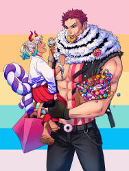 Rule 34 | 1girl, abs, aged down, arm tattoo, bag, bare arms, bare pectorals, bare shoulders, belt, black gloves, black pants, black vest, blue hair, candy, carrying, chain, charlotte katakuri, chest tattoo, child, cuffs, curled horns, doughnut, earrings, ellie mehl, eyebrow piercing, facial scar, fang, fingerless gloves, fingernails, food, food in mouth, food on face, geta, gloves, green hair, hair ornament, hair stick, hakama, height difference, high ponytail, highres, holding, holding food, horns, ice cream, ice cream cone, japanese clothes, jewelry, lollipop, long hair, long sleeves, looking at another, mouth hold, multicolored hair, multicolored horns, muscular, muscular male, nipples, one piece, oni, open clothes, open mouth, open vest, orange horns, pants, paper bag, pectorals, piercing, red eyes, red hair, red horns, rope, scar, scar on cheek, scar on face, scarf, shackles, sharp teeth, shimenawa, short hair, shoulder tattoo, smile, stomach tattoo, tan, tattoo, teeth, teeth hold, toes, vest, white hair, wide sleeves, yamato (one piece)