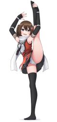 Rule 34 | 1girl, armpits, black gloves, black skirt, black thighhighs, blush, brown eyes, brown hair, commentary request, elbow gloves, fingerless gloves, flexible, gloves, hair ornament, highres, kantai collection, leg lift, leg up, looking at viewer, open mouth, panties, scarf, school uniform, sendai (kancolle), sendai kai ni (kancolle), serafuku, skirt, smile, solo, split, standing, standing on one leg, standing split, stretching, thighhighs, thighs, tiemu (man190), underwear, white panties, white scarf