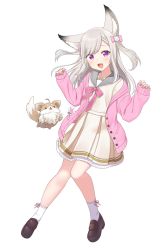Rule 34 | 1girl, nanashi inc., animal ears, animare, blush, commentary request, fang, fox ears, full body, highres, jacket, kisaragi hina, looking at viewer, open mouth, purple eyes, school uniform, serafuku, shiromiya mimi, shoes, silver hair, simple background, solo, virtual youtuber, white background