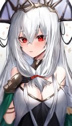 Rule 34 | 1girl, arknights, bare shoulders, black dress, black gloves, blush, breasts, cleavage, dress, front ponytail, gloves, grey hair, hat, heart, highres, horn/wood, large breasts, layered dress, long hair, off-shoulder dress, off shoulder, official alternate costume, parted lips, red eyes, skadi (arknights), skadi the corrupting heart (arknights), skadi the corrupting heart (sublimation) (arknights), smile, solo, two-sided fabric, very long hair, white dress, white hat, wrist guards