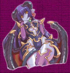 Rule 34 | 1girl, armor, astaroth (shinrabanshou), bat wings, between legs, black leotard, black sclera, blue hair, blue skin, bracelet, breast suppress, breasts, bridal gauntlets, clothing cutout, colored sclera, colored skin, cowboy shot, cropped legs, demon girl, demon horns, dutch angle, earrings, eyebrows, faulds, hair between eyes, hands up, head tilt, heart, heart earrings, highleg, highleg leotard, horns, jewelry, leotard, long hair, looking at viewer, medium breasts, midriff, navel cutout, outline, parted lips, pauldrons, pointy ears, purple background, purple thighhighs, red wings, shinrabanshou, shoulder armor, single thighhigh, slit pupils, solo, spikes, tail, tail between legs, thighhighs, very long hair, wings, yellow eyes