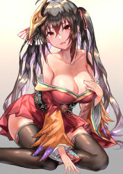 Rule 34 | 1girl, absurdres, ahoge, azur lane, bare shoulders, black hair, black thighhighs, blush, breasts, cleavage, collarbone, commentary, denchu (kazudentyu), dress, eyelashes, feather-trimmed sleeves, feather trim, feathers, feet out of frame, gradient background, grey background, hair between eyes, hair ornament, hair ribbon, hand on own chest, head tilt, highres, japanese clothes, kimono, large breasts, long hair, long sleeves, looking at viewer, mask, mask on head, obi, off shoulder, parted lips, red eyes, red kimono, red ribbon, ribbon, sash, shiny skin, sidelocks, simple background, sitting, smile, solo, taihou (azur lane), thighhighs, tsurime, twintails, very long hair, wide sleeves, yokozuwari, zettai ryouiki