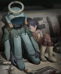 Rule 34 | 1girl, absurdres, baseball, boots, brown footwear, brown jacket, canti, closed mouth, clothed robot, commentary, flcl, full body, halo, highres, jacket, long hair, mechanical halo, ninamori eri, pants, pink scarf, purple eyes, purple hair, red pants, red shirt, robot, scarf, shirt, sitting, solo, subfiction